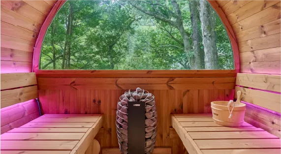 Inside the sauna room with ambient lighting